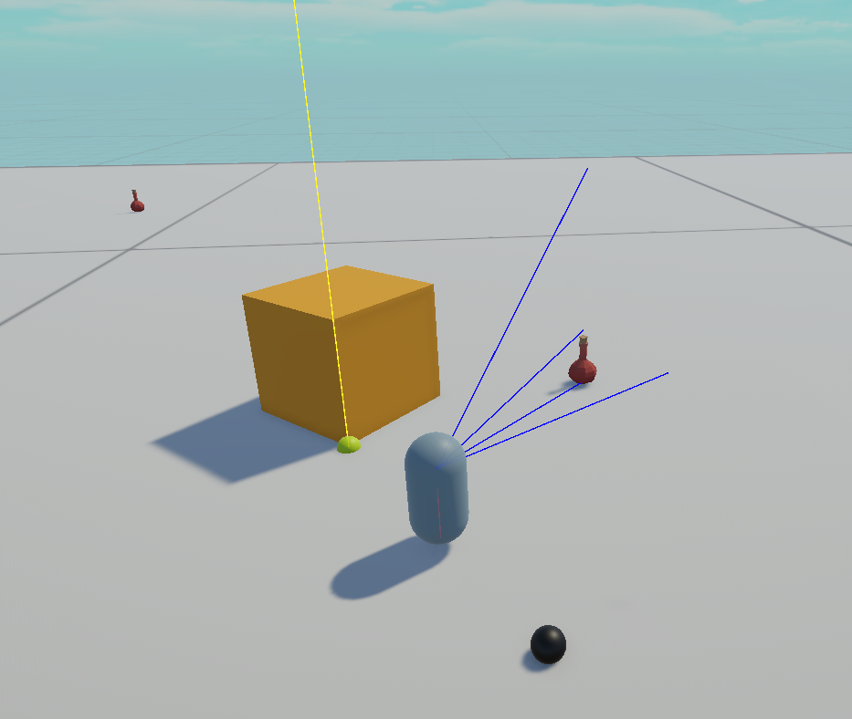 A game screenshot of a player in a test environment standing near a potion and a large cube. Lines come out from the player representing camera look directions. 